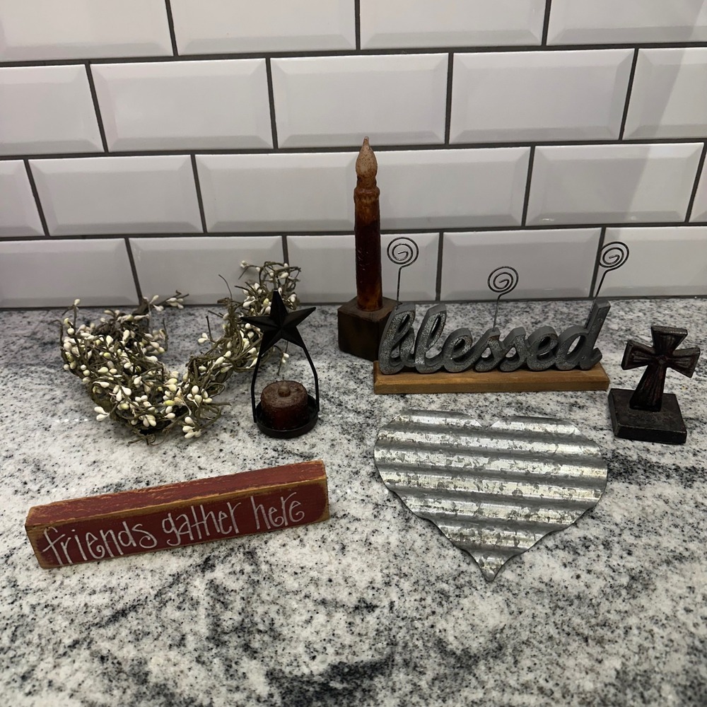 Primitive Farmhouse Decor Bundle Red Brown Rustic Aesthetic Cross Western Farm
